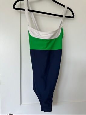 Colorblock One-Piece Swimsuit in White, Green & Navy